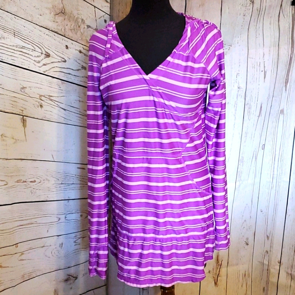 Athleta striped thumb hole hoodie purple, pink Small